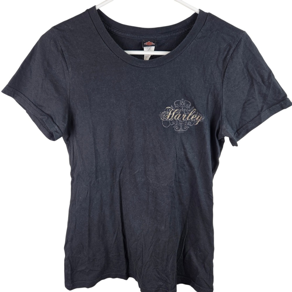 Harley Davidson Womens Black Short Sleeve Tee Des Moines Iowa Graphic Studded